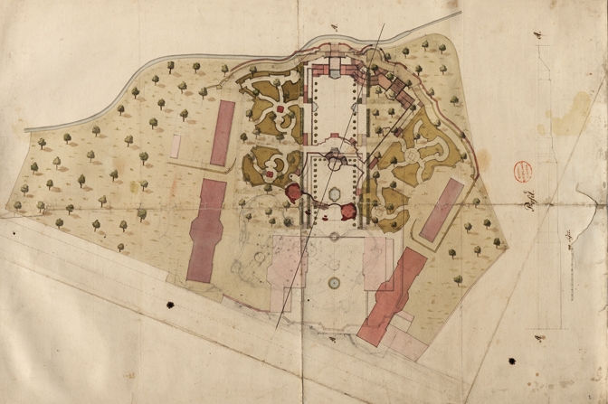 Von Krohne vorgenommene Überplanung des Ordonnanzgartens. Gut erkennbar ist, dass die ursprüngliche Mittelachse der Anlage geschwenkt wurde, um die Orangerie exakt auf das Schloss Friedrichsthal auszurichten. (Original: ThStA Gotha)