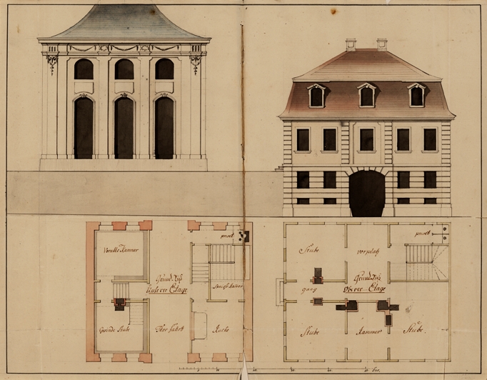 Kolorierte Federzeichnung des Hofgärtnerhauses (rechts), das nördlich hinter dem „Orangenhaus“ (links) errichtet wurde. Da das Gebäude aufgrund des Straßengefälles tiefer liegt als die Orangerie, wurde im ersten Stock ein (heute nicht mehr existierender) Ausgang mit Treppe geschaffen, über den die hier wohnenden Hofgärtner ohne Umwege in die Gartenanlage gelangen konnten. (Original: ThStA Gotha)