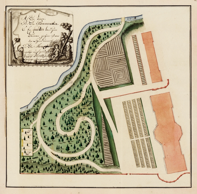 Lageplan der 1781 über den Leinakanal hinweg (d.h. nordöstlich unterhalb des „Teeschlösschens“) geschaffenen Erweiterung des „Gartens der Herzogin“. Gut erkennbar sind die Grundrisse von „Lorbeerhaus“ und benachbartem Treibhaus sowie die dahinter befindlichen Beete und Glaskästen. Die Buchstaben bezeichnen: „A. Die Leine (den Leinakanal), B. Die Prommenaten, C. Ein quartier Land zum Blumen ziehen ... und D. Die Menagerie ...“ Kolorierte Federzeichnung aus dem Jahre 1781, Obergärtner Johann Conrad Sahl zugeschrieben. (Original: ThStA Gotha)