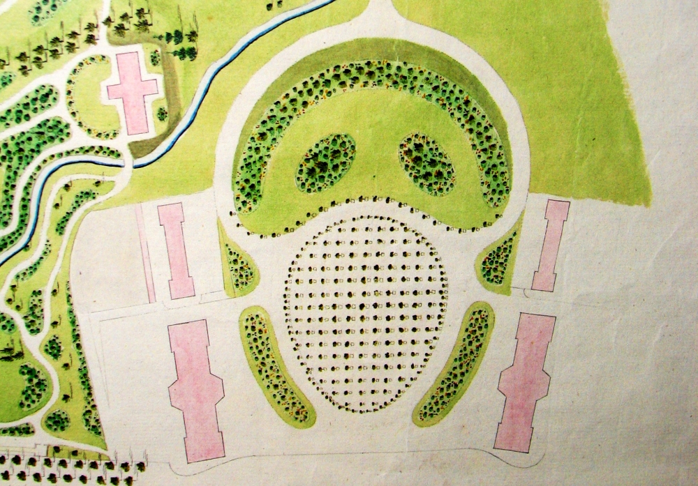 Ausschnitt mit der Orangerie aus dem „Gesamtplan zum ‚Englischen Garten‘, den Anlagen und dem Garten der Herzogin“. 1795 von Johann Rudolph Eyserbeck gezeichnet, stellen die Formen der Rasenflächen und die Aufstellung der Bäume wahrscheinlich nur einen Vorschlag Eyserbecks dar, der nicht umgesetzt wurde. (Original: ThStA Gotha)