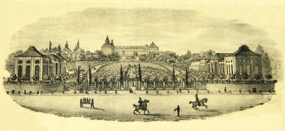 Ausschnitt aus dem Diplom des Thüringer Gartenbauvereins aus dem Jahre 1830 mit dem bekannten Blick auf Orangerie und Friedenstein vom Schloss Friedrichsthal aus. Interessantes Detail: die beiden Gärtner links im Vordergrund, die mittels einer Trage kleine Orangeriebäumchen transportieren. (Original: MRV)