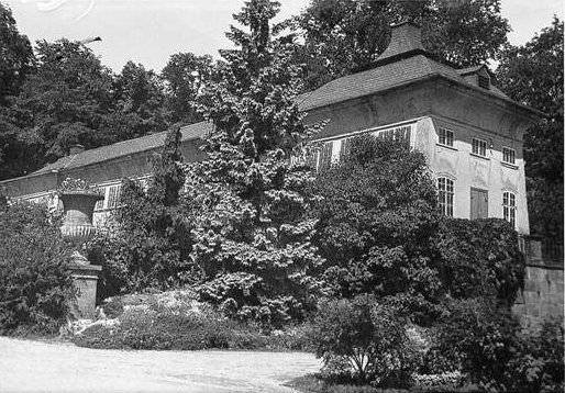 Obwohl üppiger Baumwuchs um 1930 einen Teil der Sicht auf das nördliche Treibhaus verdeckt, ist zu erkennen, dass die einst hohen Glasfenster der Fassade inzwischen stark verkleinert wurden. (Foto: MRV)